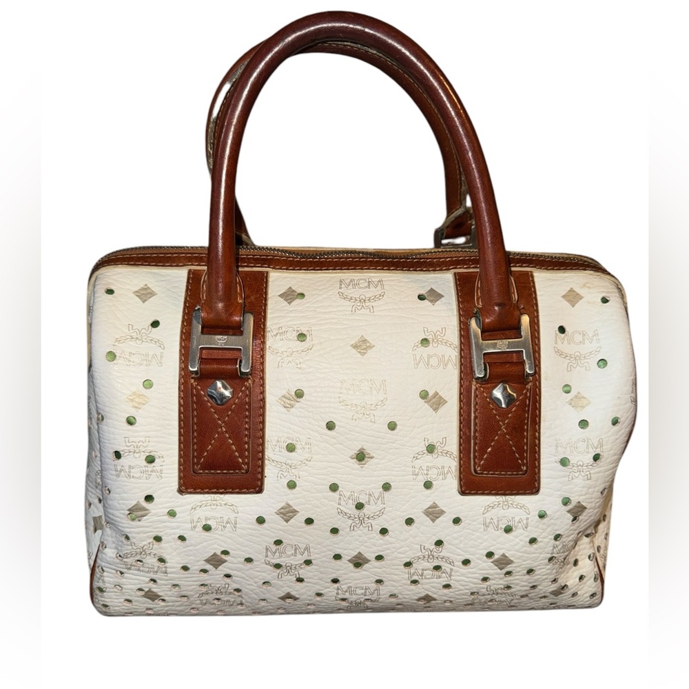 MCM Boston Bag Without Lock And Key in White & Brown EUC - Picture 5 of 15